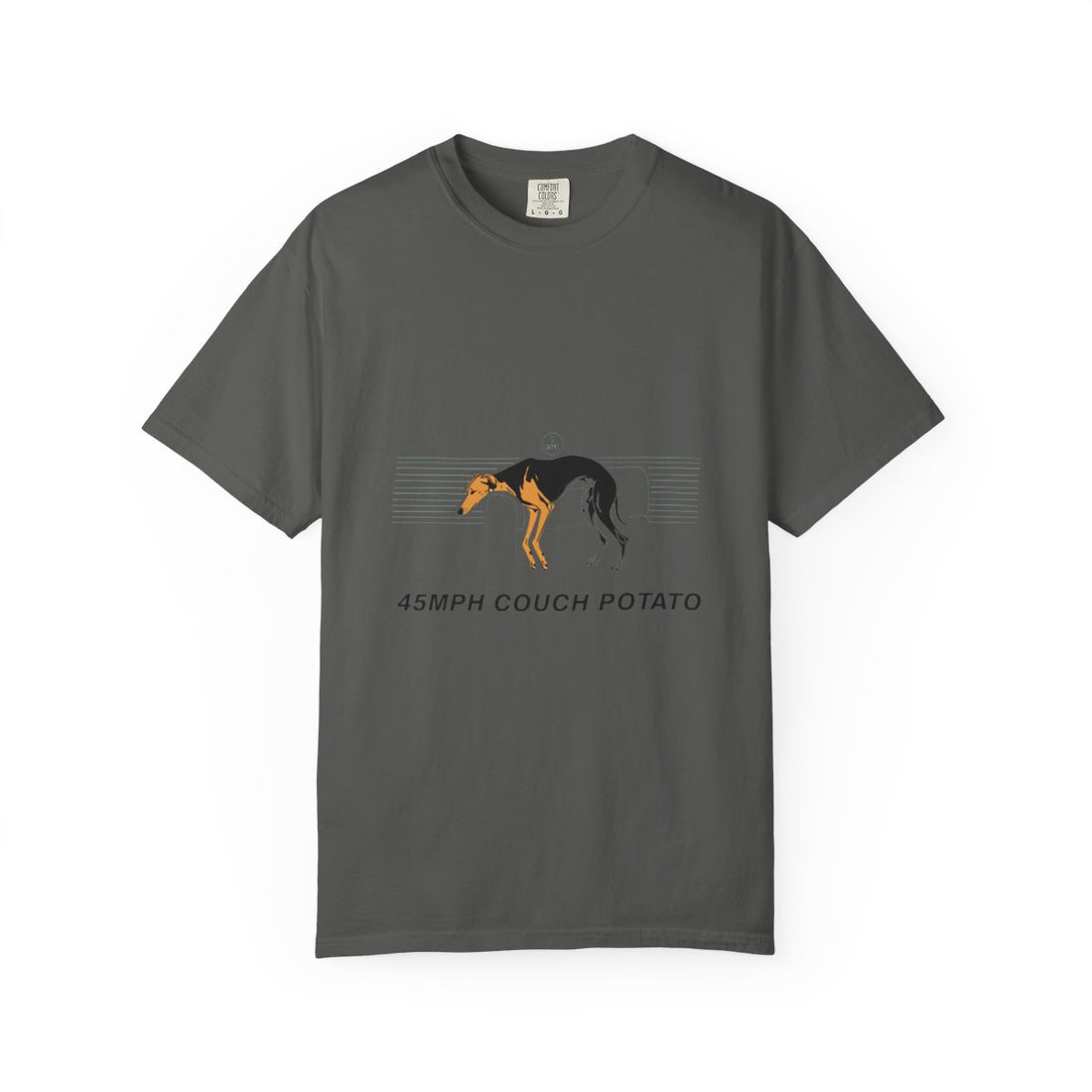 Pepper — Front | Greyhound '45mph Couch Potato' Garment-Dyed Tee
