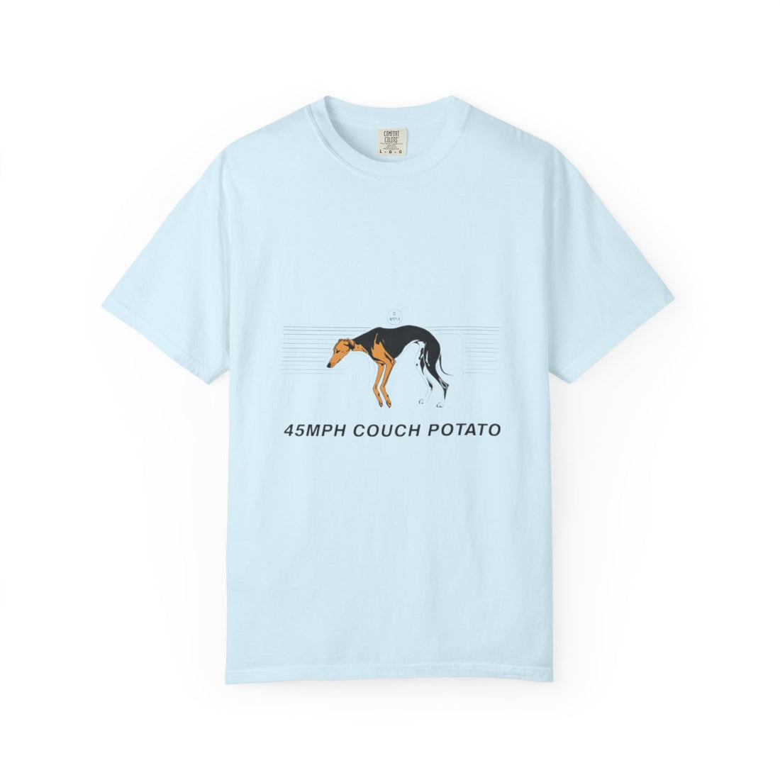 Chambray — Front | Greyhound '45mph Couch Potato' Garment-Dyed Tee