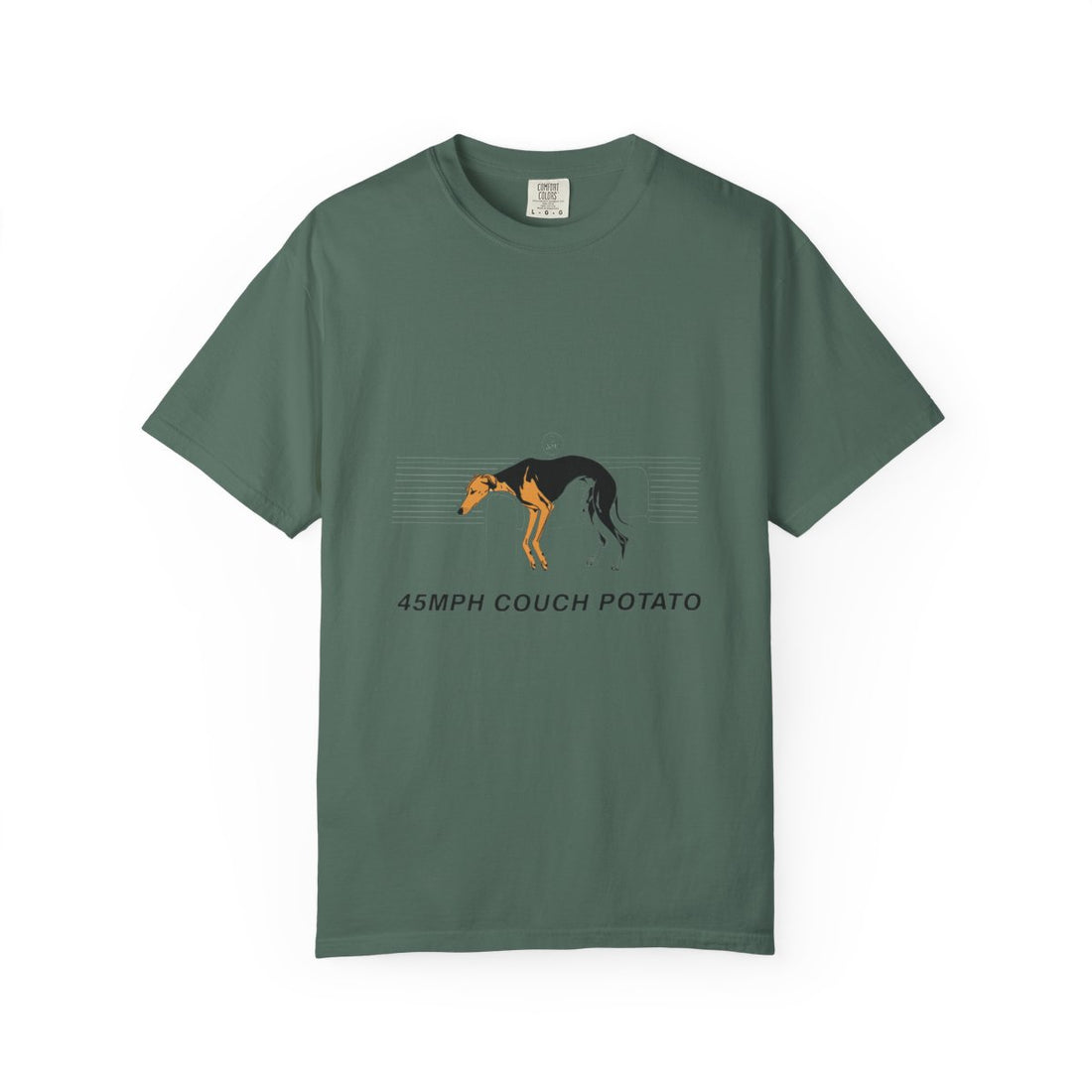 Blue Spruce — Front | Greyhound '45mph Couch Potato' Garment-Dyed Tee