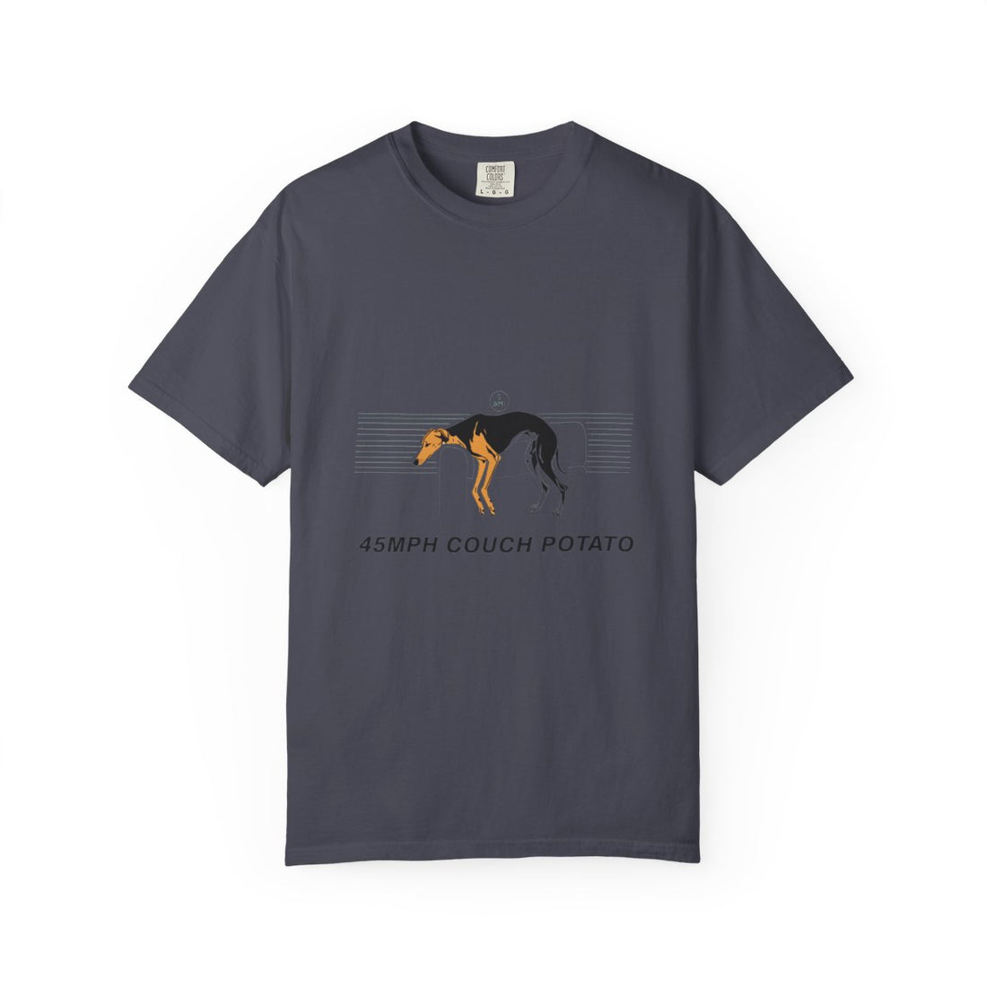 Navy — Front | Greyhound '45mph Couch Potato' Garment-Dyed Tee