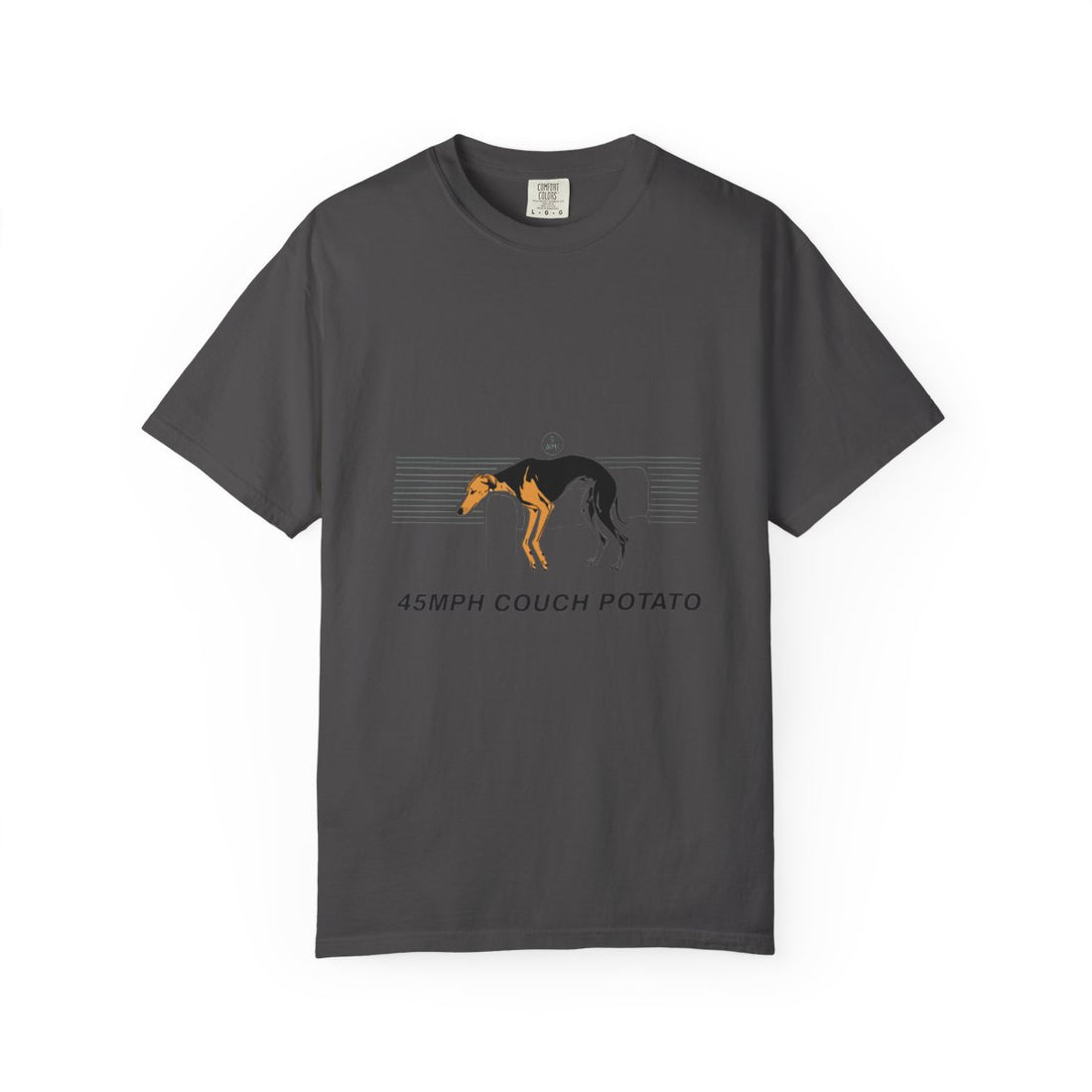 Graphite — Front | Greyhound '45mph Couch Potato' Garment-Dyed Tee