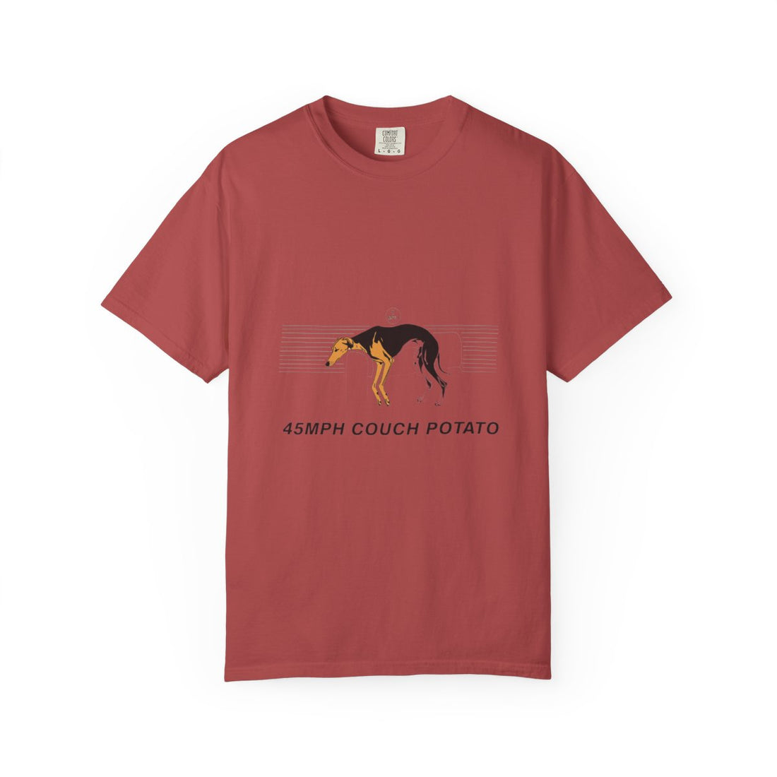 Crimson — Front | Greyhound '45mph Couch Potato' Garment-Dyed Tee