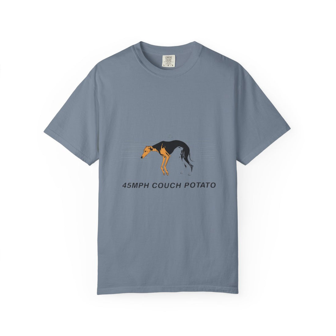 Blue Jean — Front | Greyhound '45mph Couch Potato' Garment-Dyed Tee