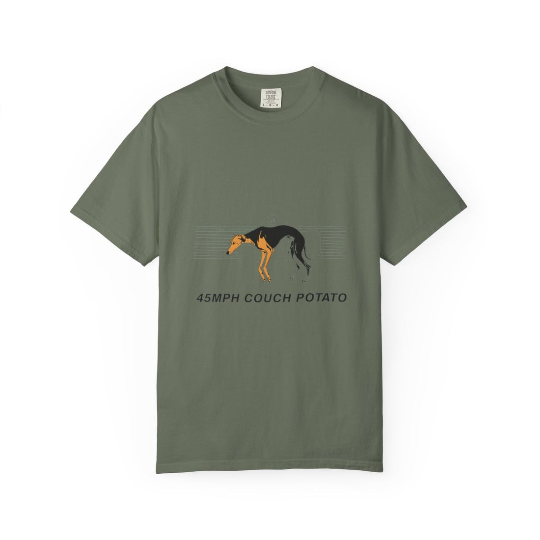 Moss — Front | Greyhound '45mph Couch Potato' Garment-Dyed Tee