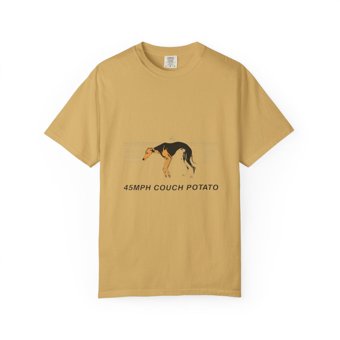 Mustard — Front | Greyhound '45mph Couch Potato' Garment-Dyed Tee