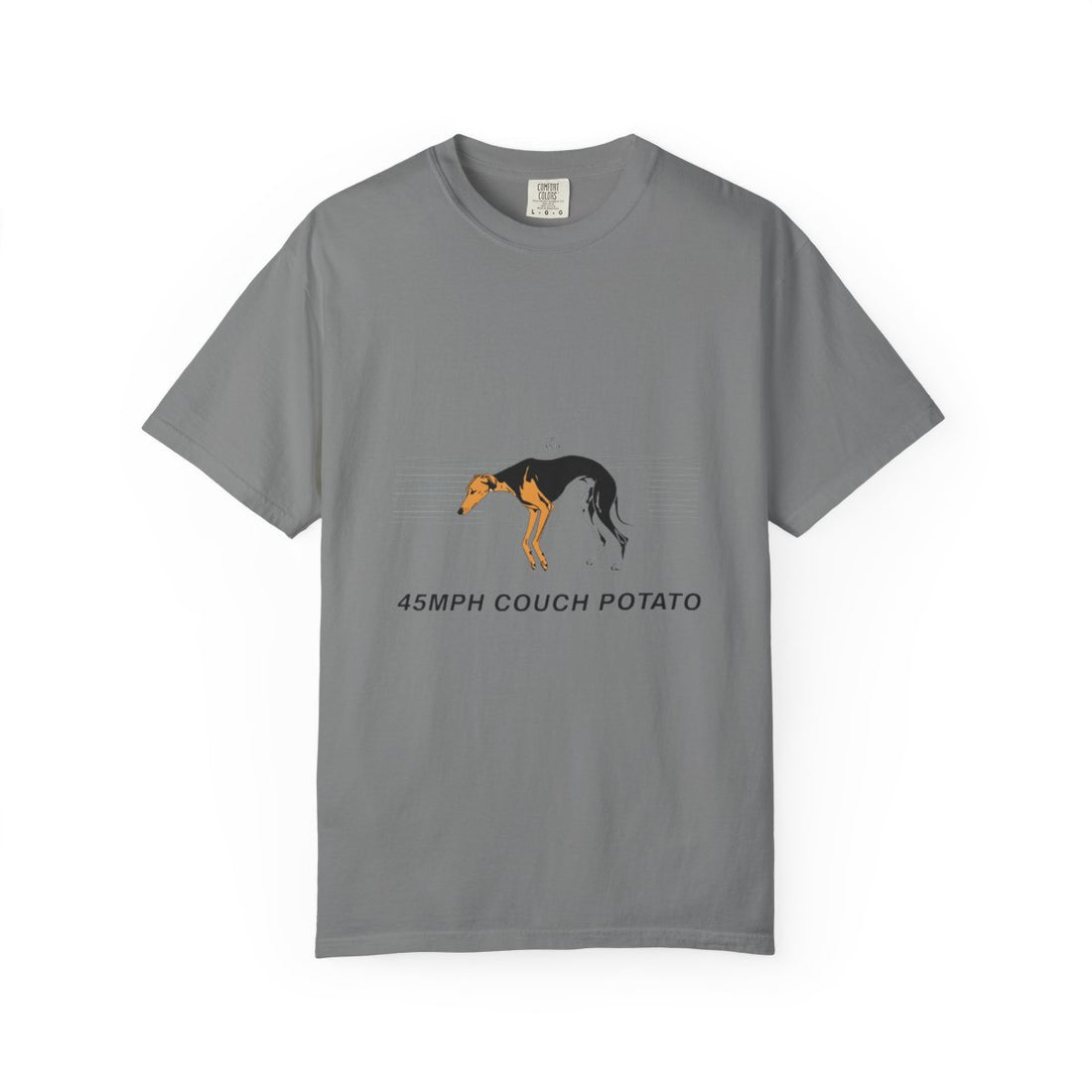 Grey — Front | Greyhound '45mph Couch Potato' Garment-Dyed Tee