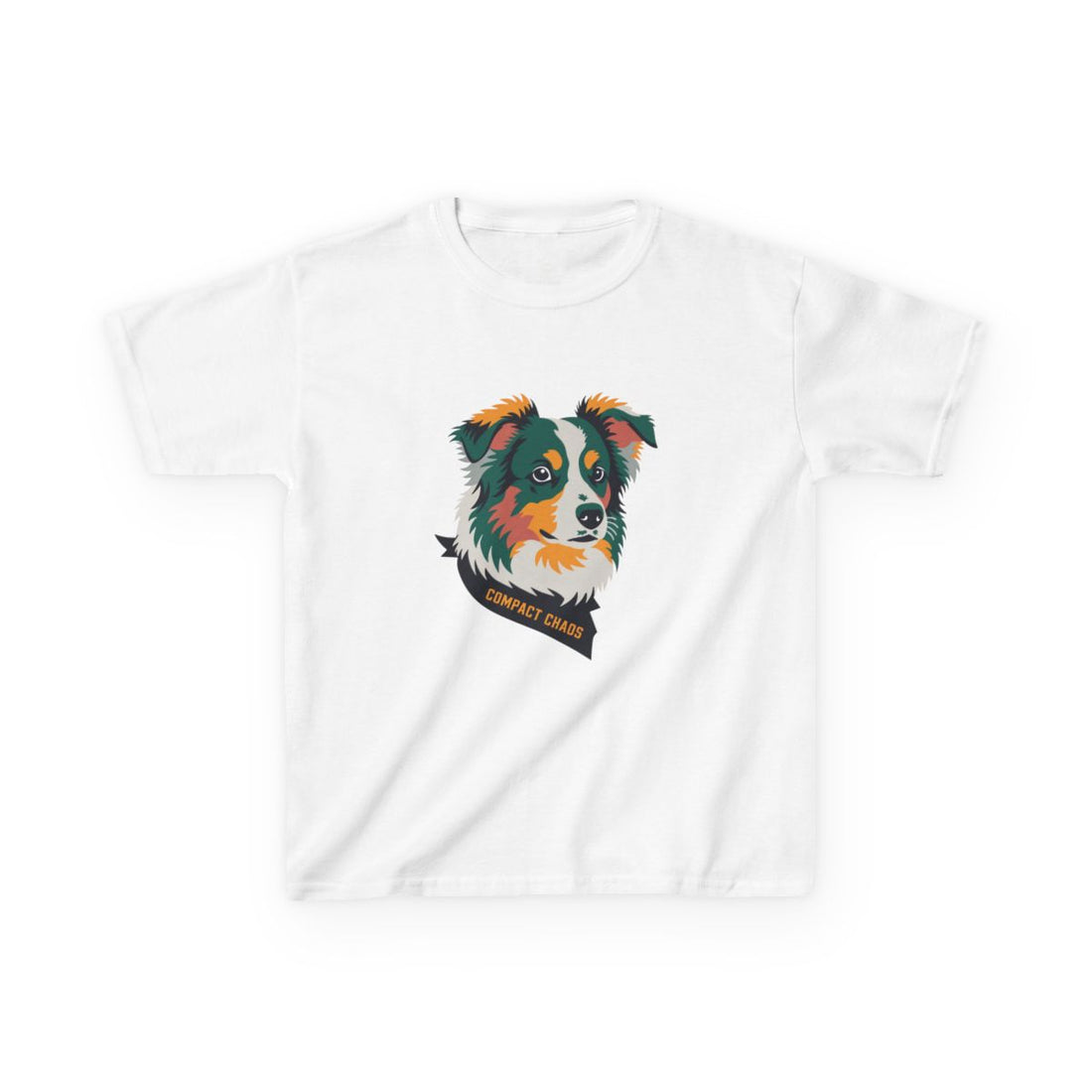 White — Front | Mini Aussie "Compact Chaos" Kids Tee — Merle Australian Shepherd Print
