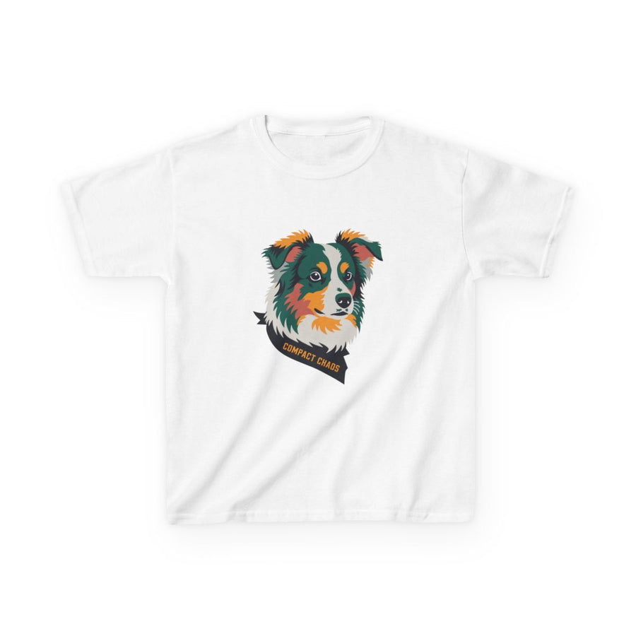 Mini Aussie "Compact Chaos" Kids Tee — Merle Australian Shepherd Print