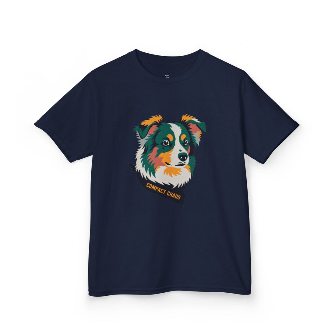 Navy — Front | Mini Aussie "Compact Chaos" Kids Tee — Merle Australian Shepherd Print