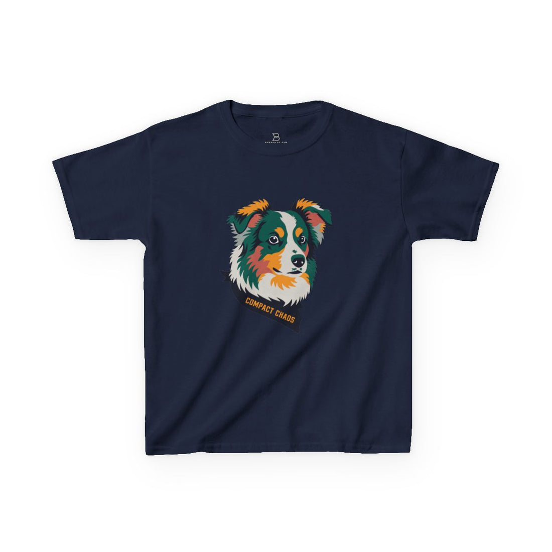 Navy — Front | Mini Aussie "Compact Chaos" Kids Tee — Merle Australian Shepherd Print