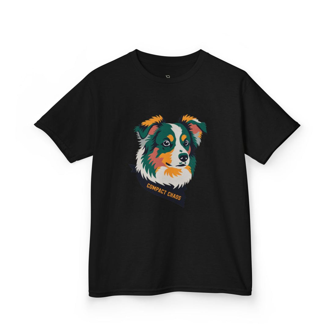 Black — Front | Mini Aussie "Compact Chaos" Kids Tee — Merle Australian Shepherd Print