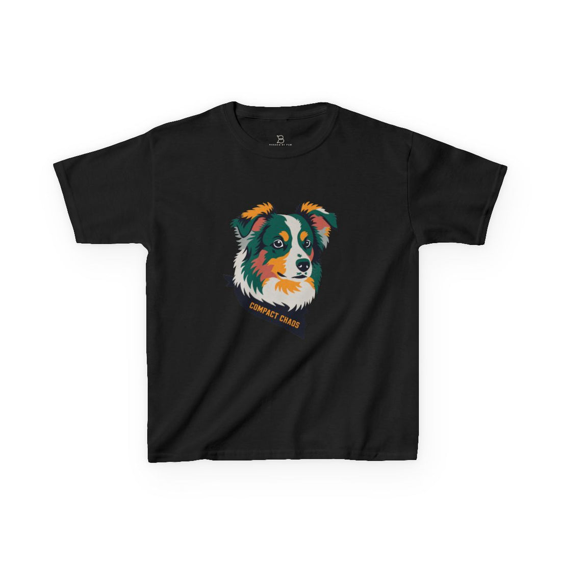 Black — Front | Mini Aussie "Compact Chaos" Kids Tee — Merle Australian Shepherd Print