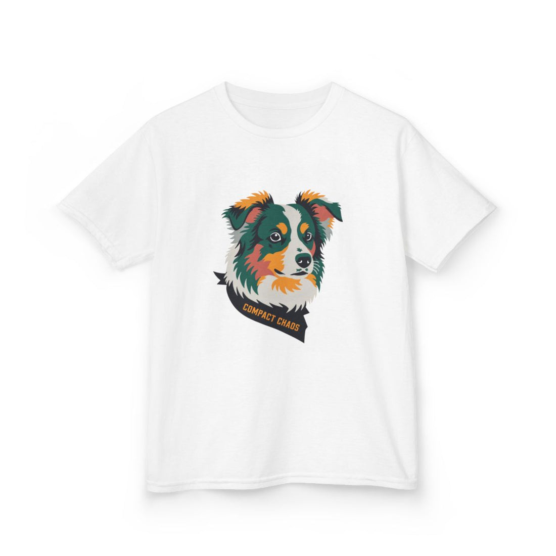 White — Front | Mini Aussie "Compact Chaos" Kids Tee — Merle Australian Shepherd Print