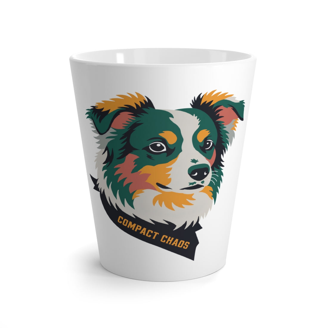 Front | Mini Aussie Latte Mug | Compact Chaos 12 oz Ceramic