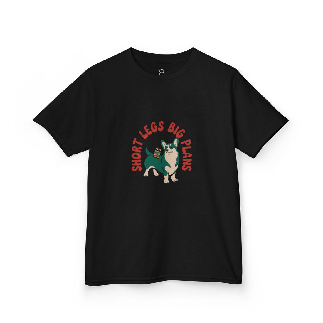Black — Front | Pembroke Welsh Corgi "Short Legs, Big Plans" Kids Tee