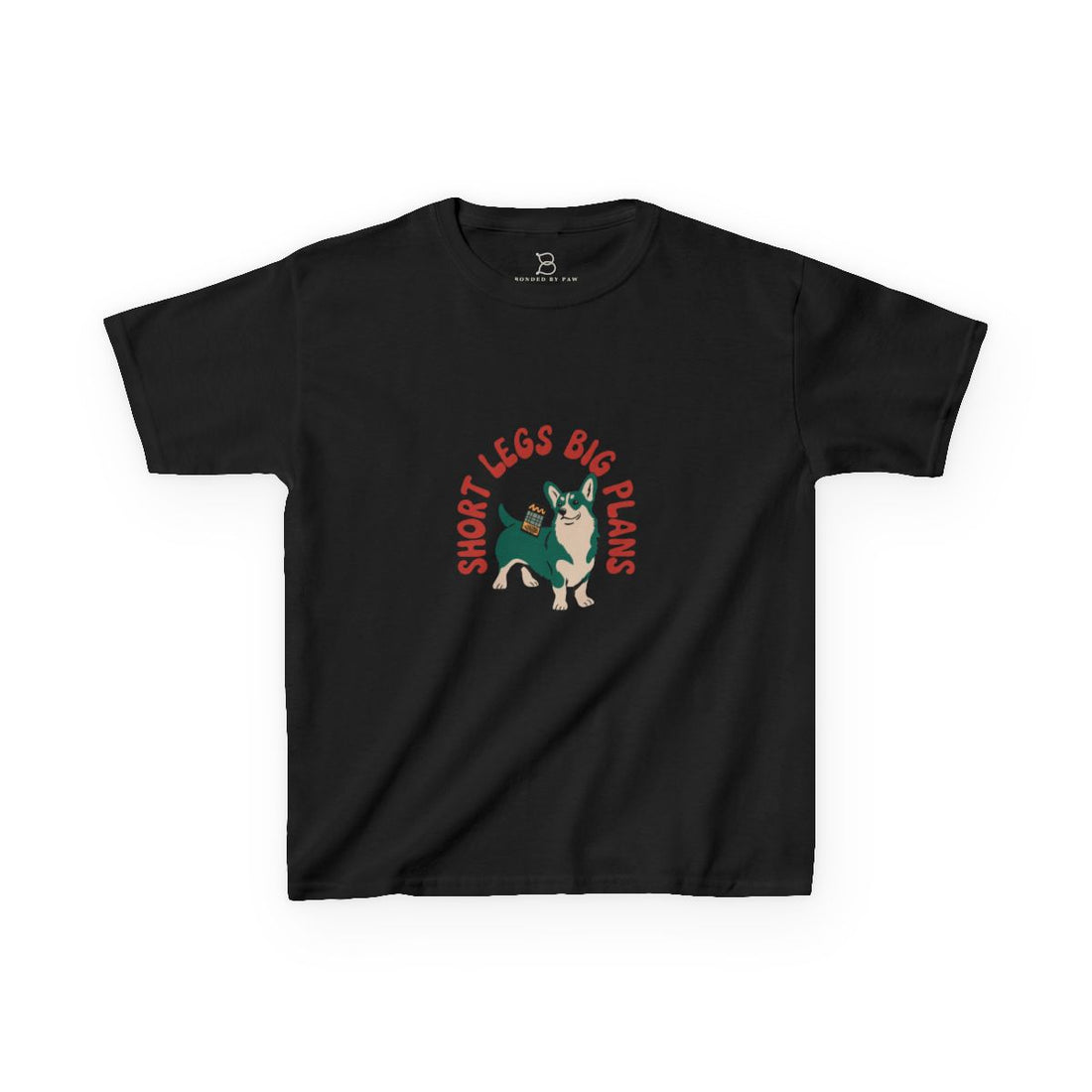 Black — Front | Pembroke Welsh Corgi "Short Legs, Big Plans" Kids Tee