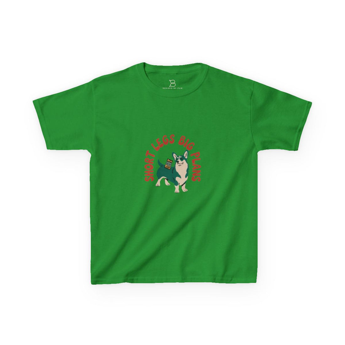 Irish Green — Front | Pembroke Welsh Corgi "Short Legs, Big Plans" Kids Tee
