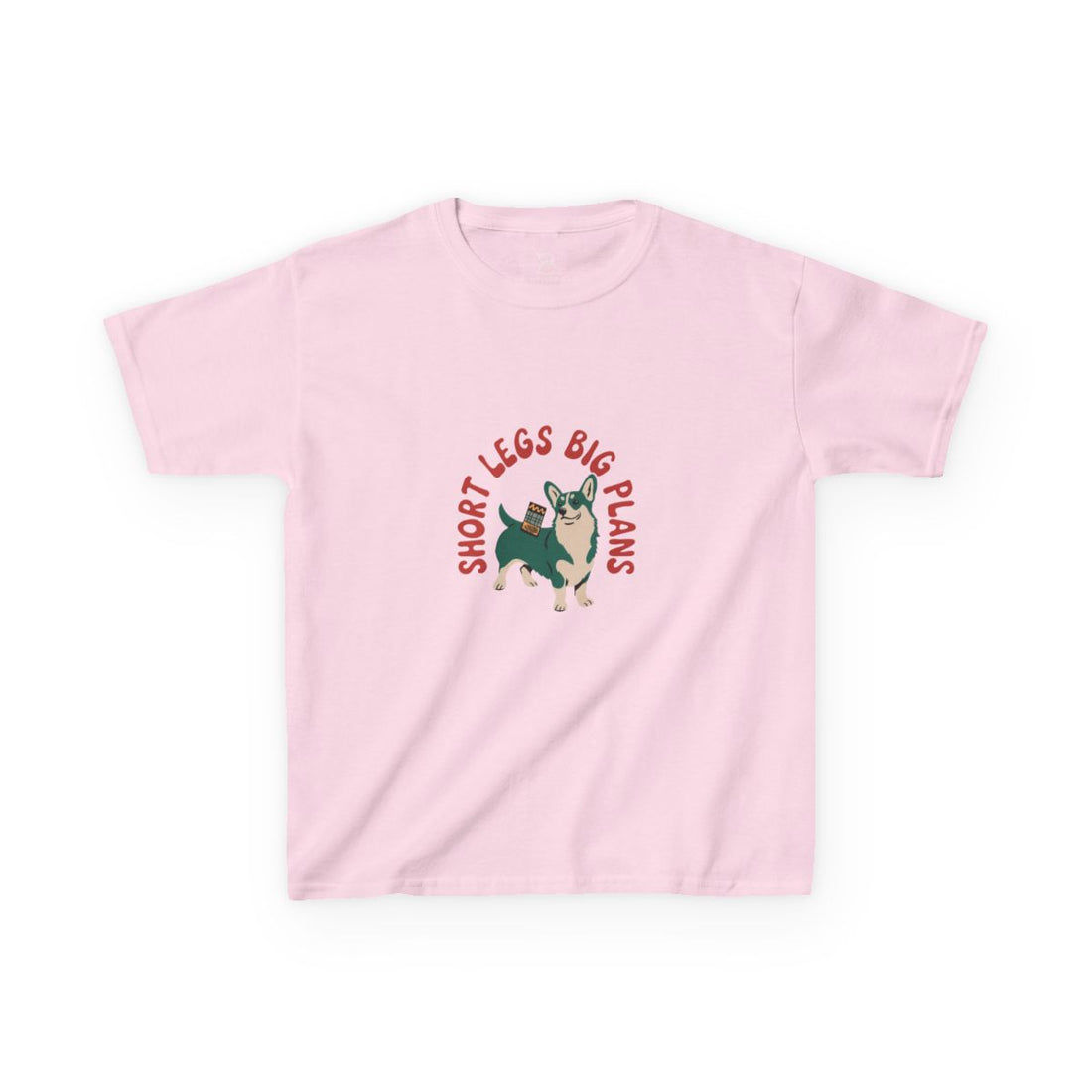 Light Pink — Front | Pembroke Welsh Corgi "Short Legs, Big Plans" Kids Tee