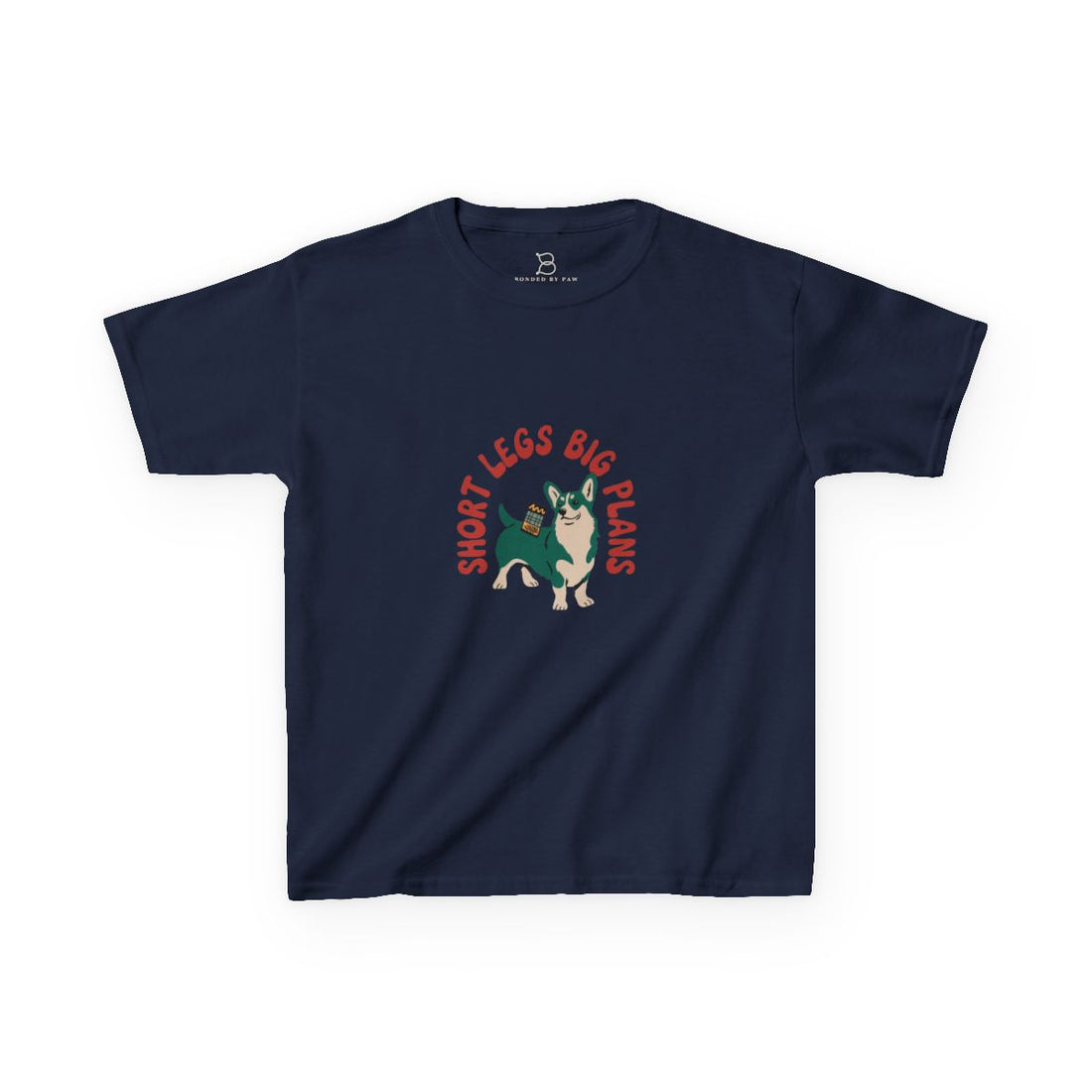 Navy — Front | Pembroke Welsh Corgi "Short Legs, Big Plans" Kids Tee