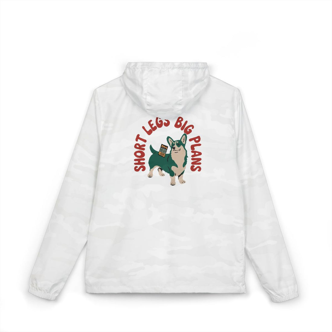White Camo — Back | Pembroke Welsh Corgi "Short Legs, Big Plans" Windbreaker