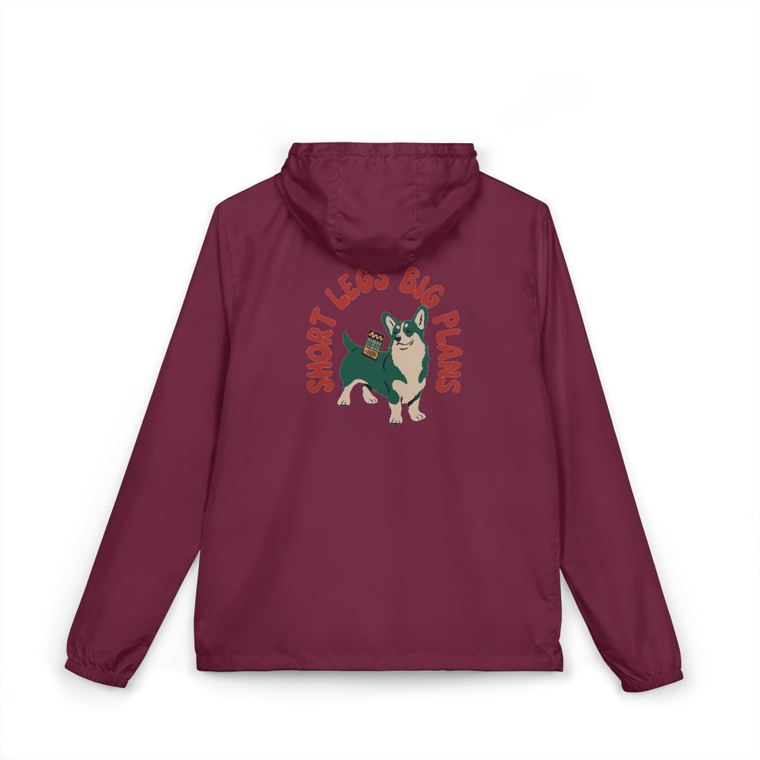 Maroon — Back | Pembroke Welsh Corgi "Short Legs, Big Plans" Windbreaker