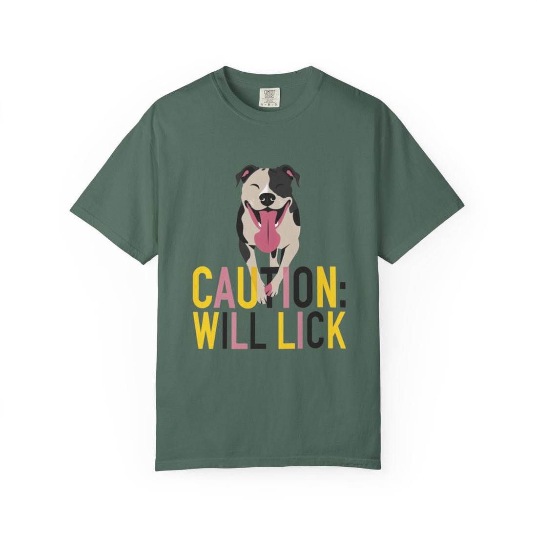 Blue Spruce — Front | Pitbull 'Caution: Will Lick' Garment-Dyed Tee