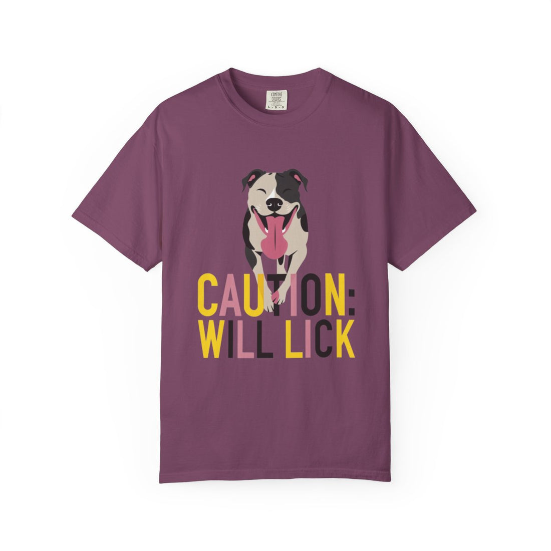 Berry — Front | Pitbull 'Caution: Will Lick' Garment-Dyed Tee