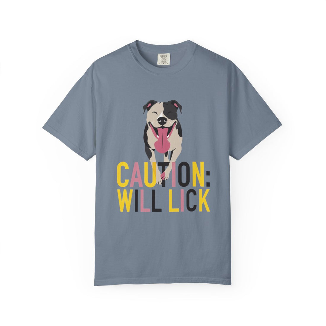 Blue Jean — Front | Pitbull 'Caution: Will Lick' Garment-Dyed Tee