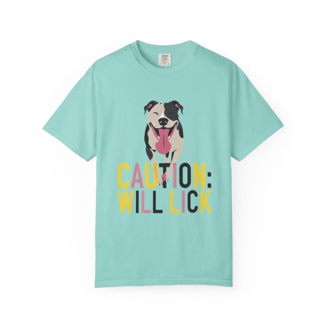 Chalky Mint — Front | Pitbull 'Caution: Will Lick' Garment-Dyed Tee