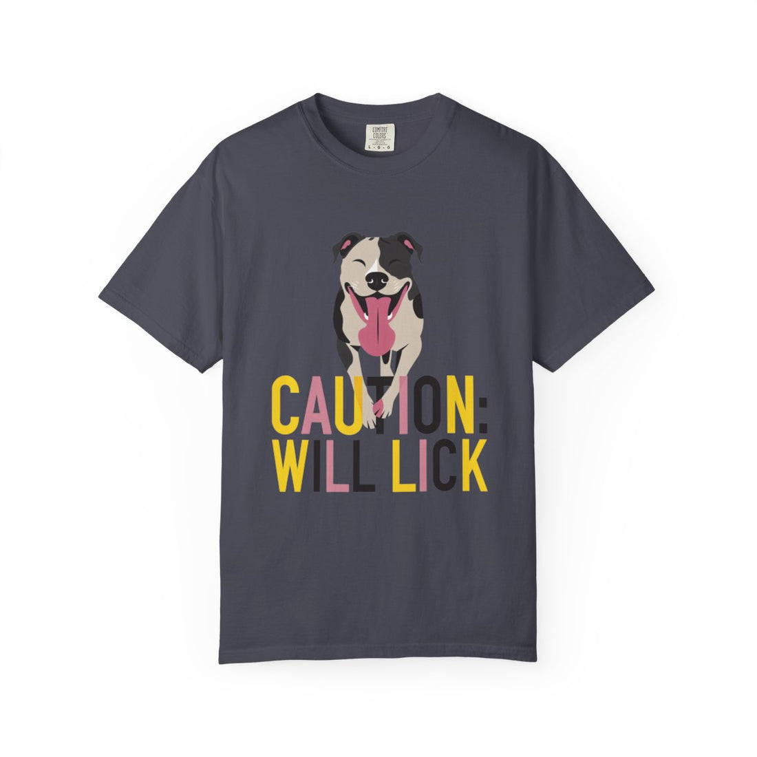 Navy — Front | Pitbull 'Caution: Will Lick' Garment-Dyed Tee