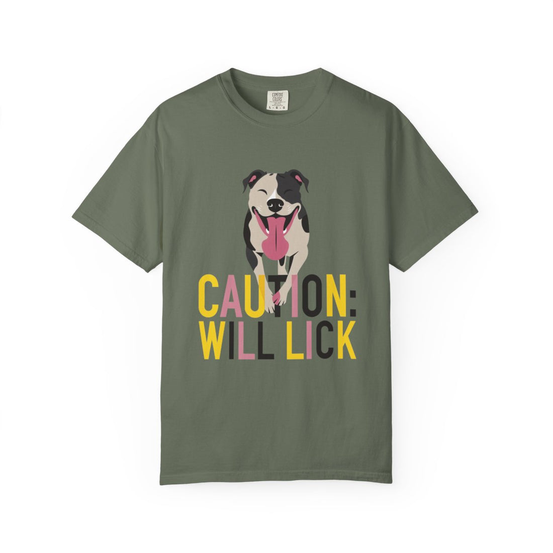 Moss — Front | Pitbull 'Caution: Will Lick' Garment-Dyed Tee