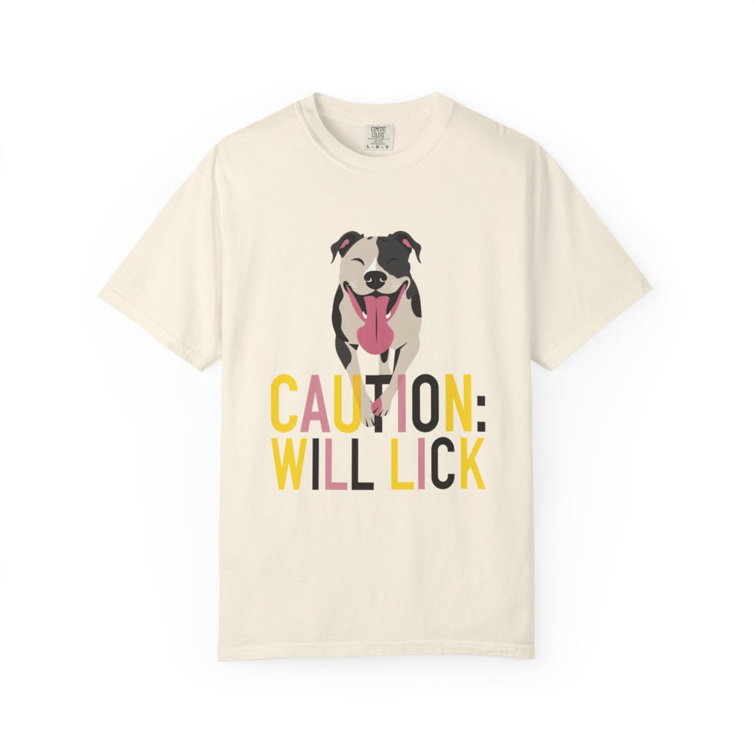 Ivory — Front | Pitbull 'Caution: Will Lick' Garment-Dyed Tee