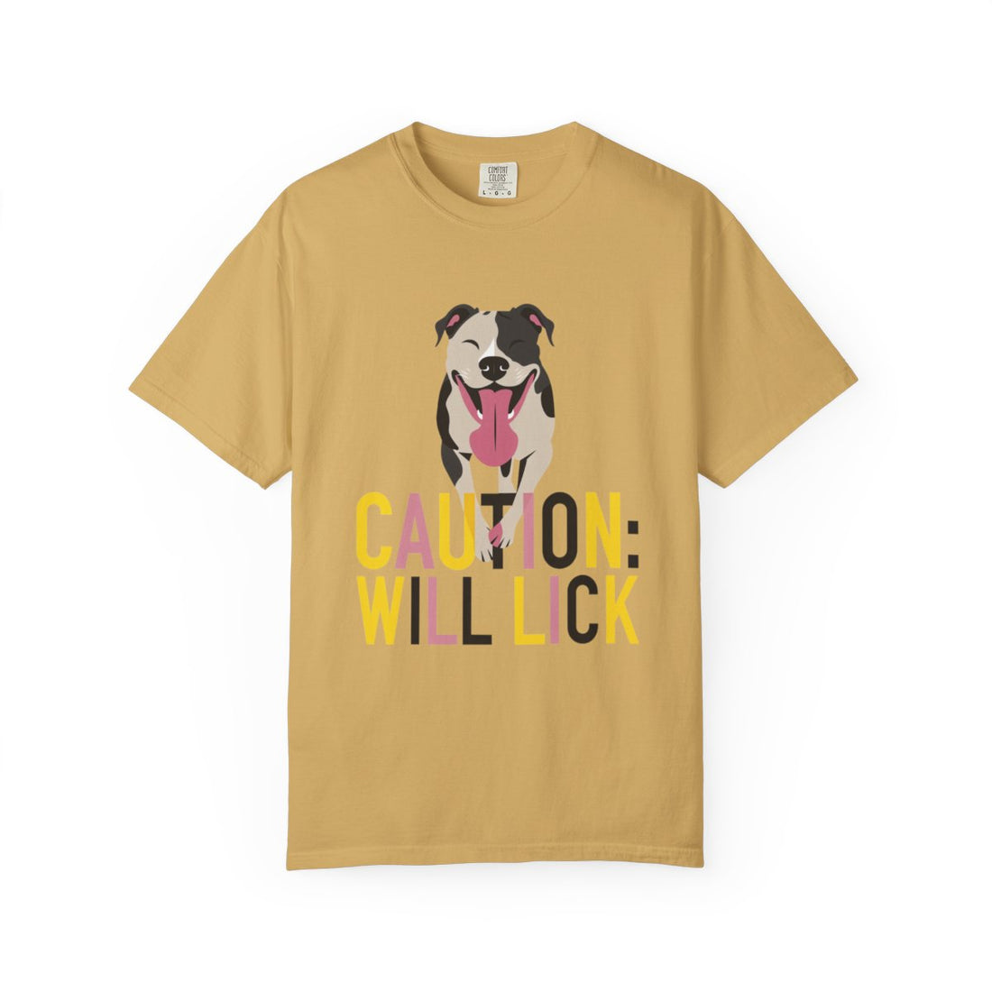 Mustard — Front | Pitbull 'Caution: Will Lick' Garment-Dyed Tee