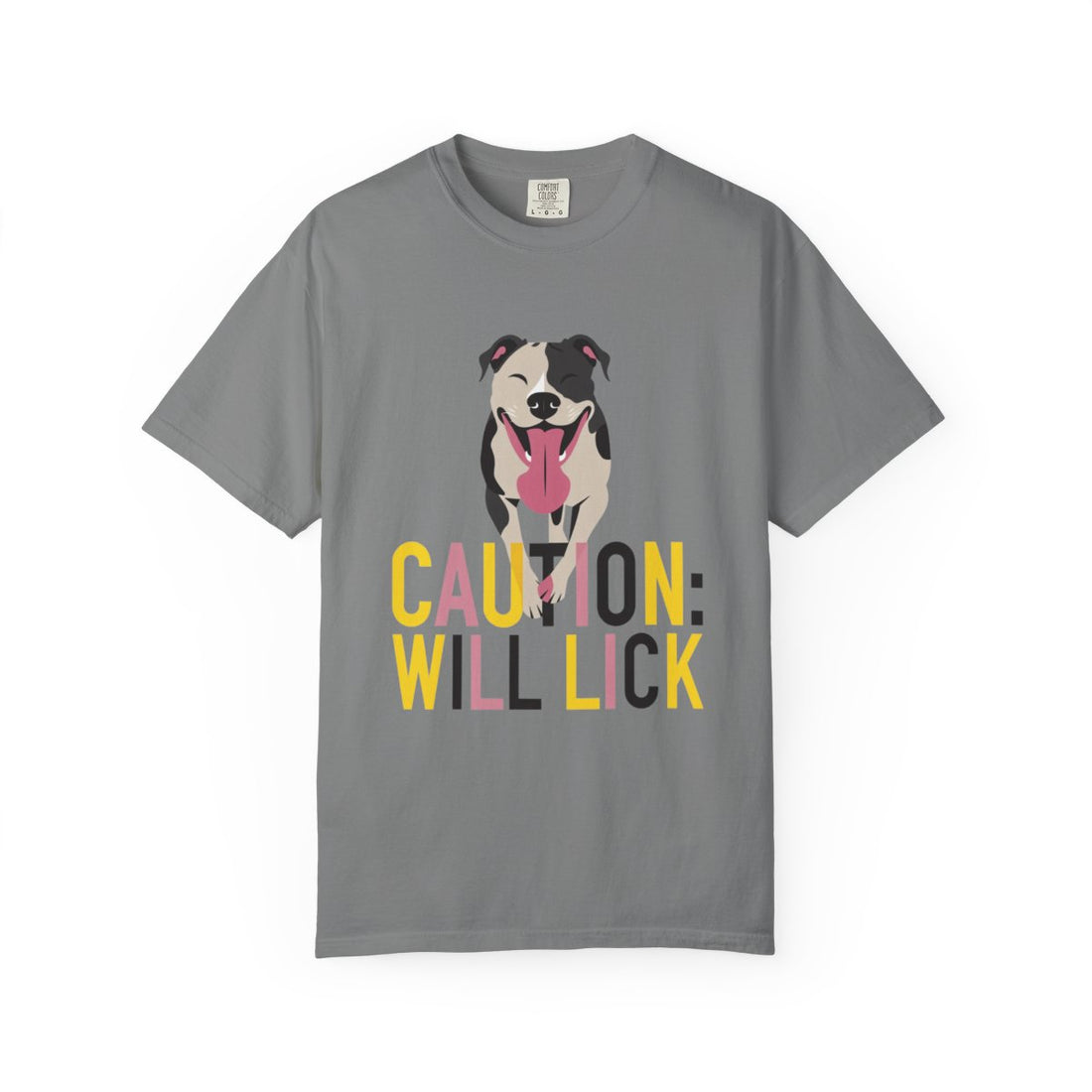 Grey — Front | Pitbull 'Caution: Will Lick' Garment-Dyed Tee
