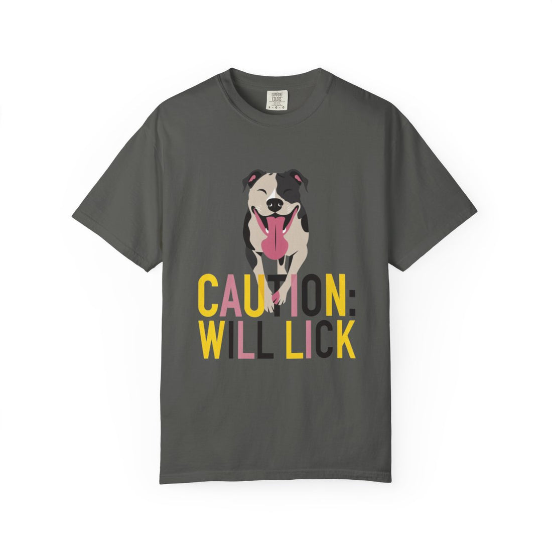 Pepper — Front | Pitbull 'Caution: Will Lick' Garment-Dyed Tee