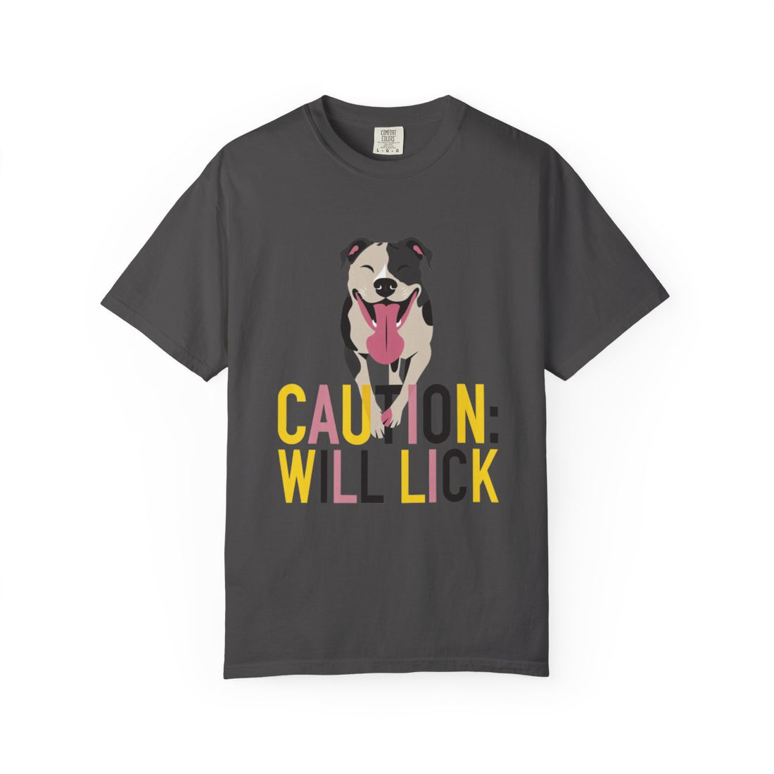 Graphite — Front | Pitbull 'Caution: Will Lick' Garment-Dyed Tee