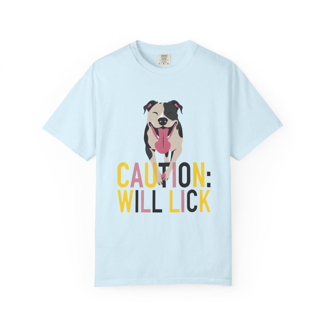 Chambray — Front | Pitbull 'Caution: Will Lick' Garment-Dyed Tee