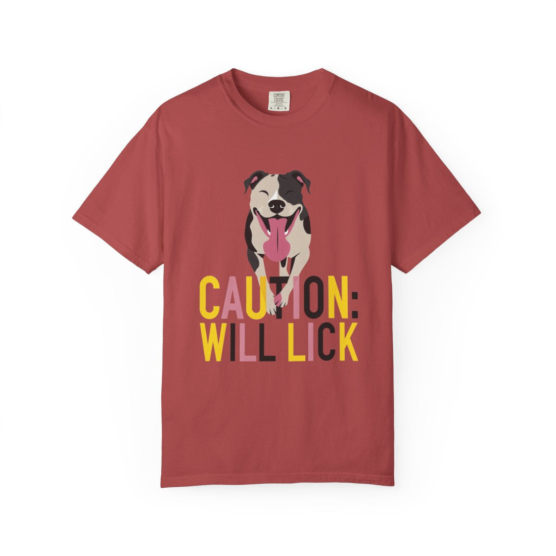 Crimson — Front | Pitbull 'Caution: Will Lick' Garment-Dyed Tee