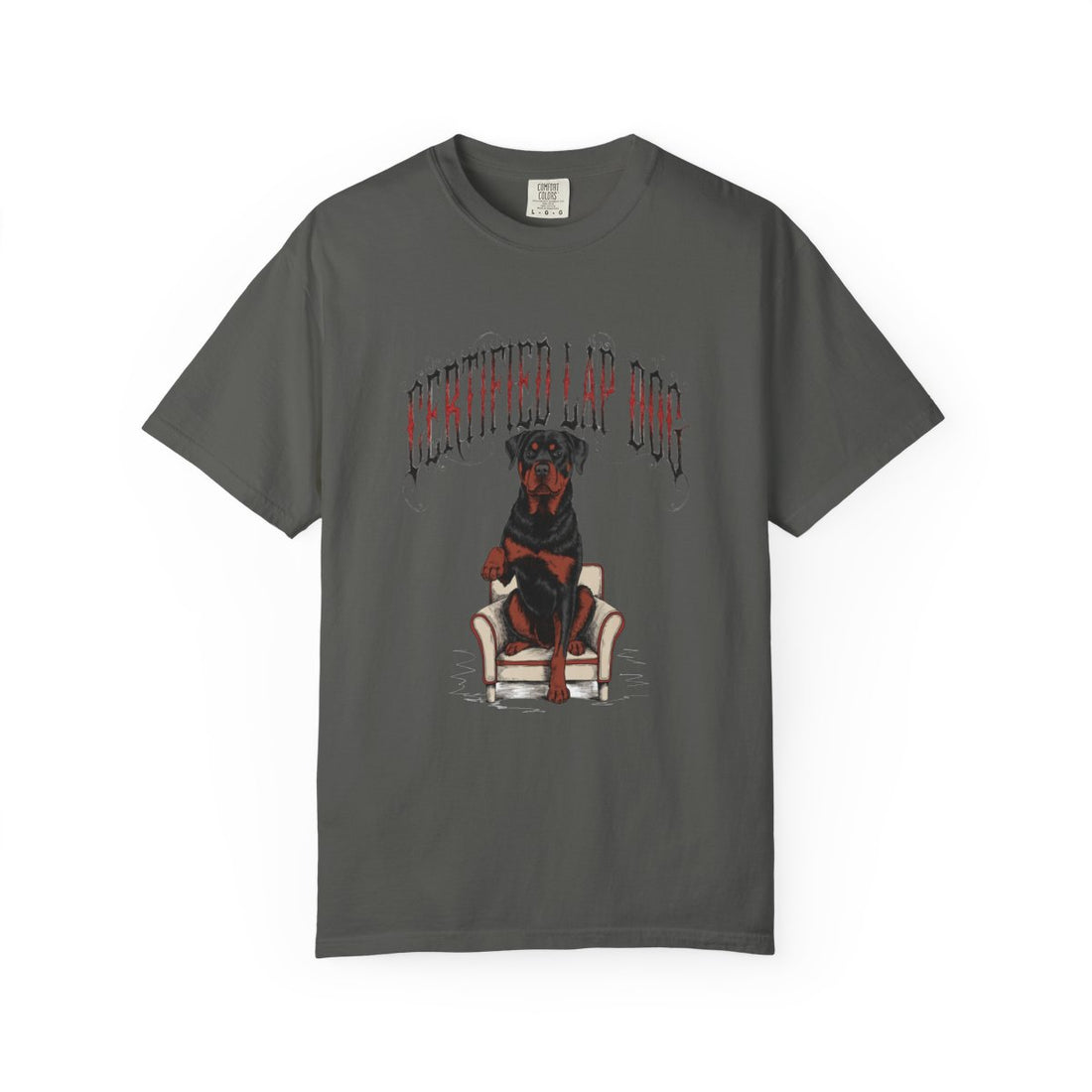 Pepper — Front | Rottweiler 'Certified Lap Dog' Garment-Dyed Tee