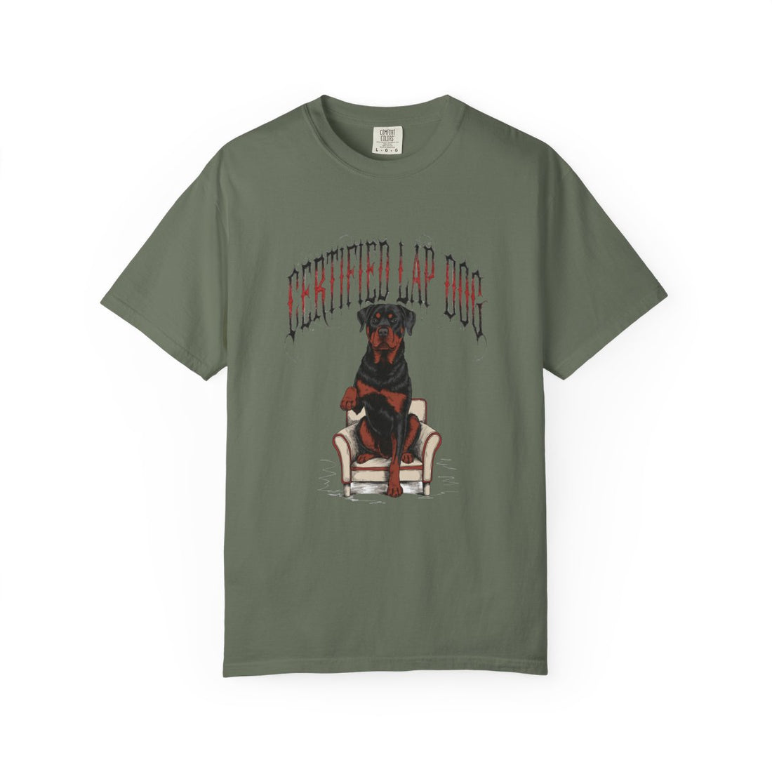 Moss — Front | Rottweiler 'Certified Lap Dog' Garment-Dyed Tee