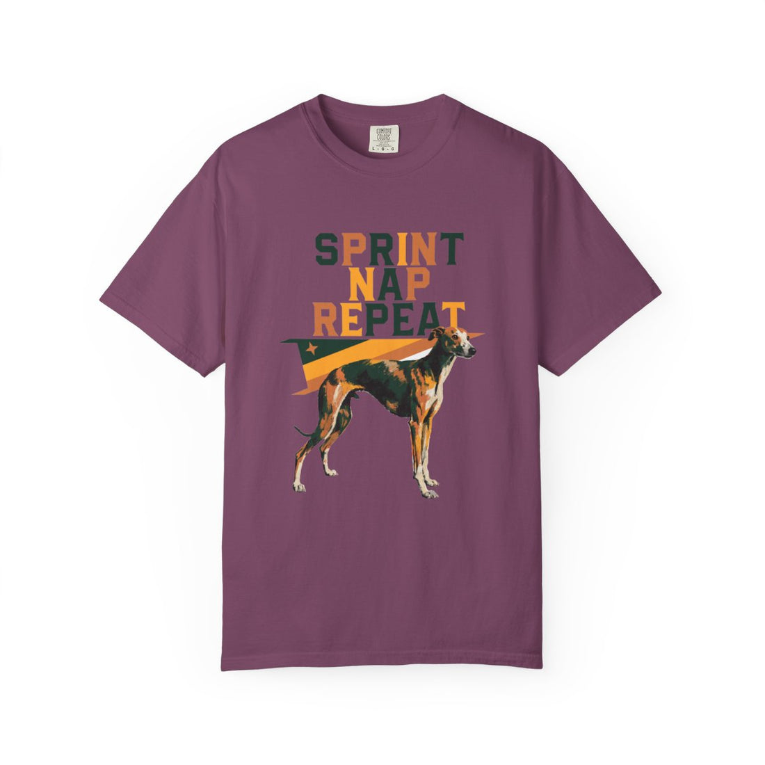 Berry — Front | Whippet 'Sprint Nap Repeat' Garment-Dyed Tee