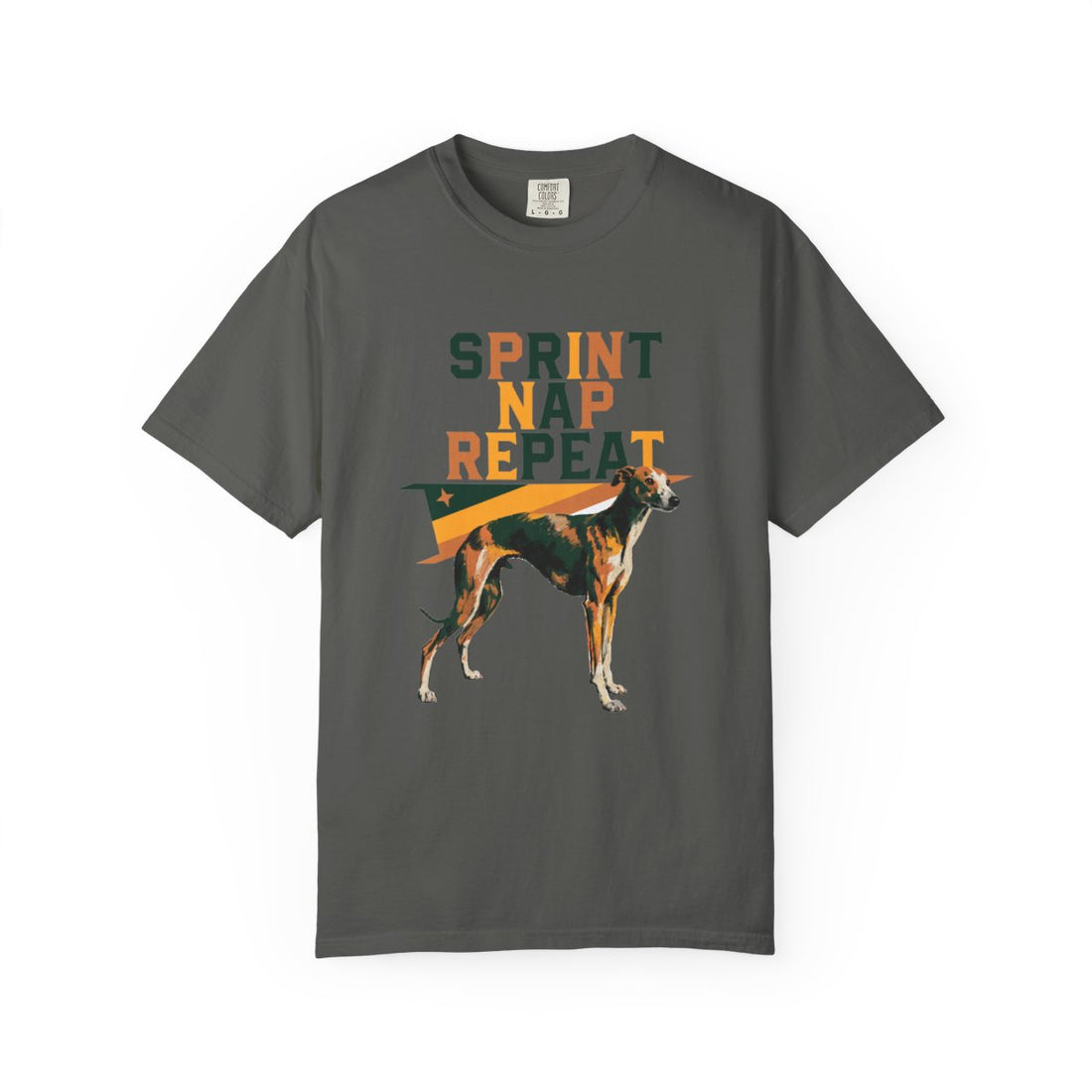 Pepper — Front | Whippet 'Sprint Nap Repeat' Garment-Dyed Tee