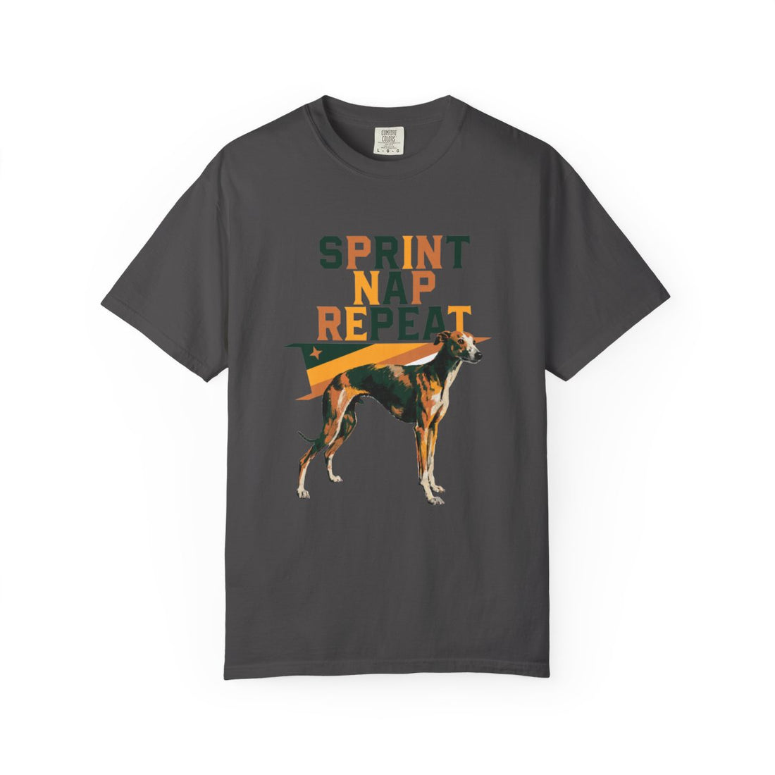 Graphite — Front | Whippet 'Sprint Nap Repeat' Garment-Dyed Tee