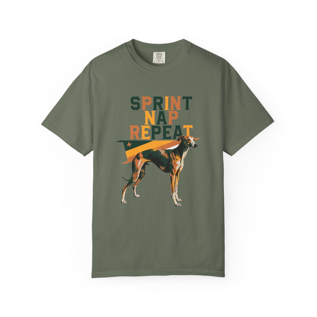 Moss — Front | Whippet 'Sprint Nap Repeat' Garment-Dyed Tee