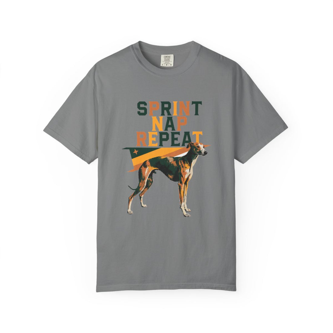 Grey — Front | Whippet 'Sprint Nap Repeat' Garment-Dyed Tee