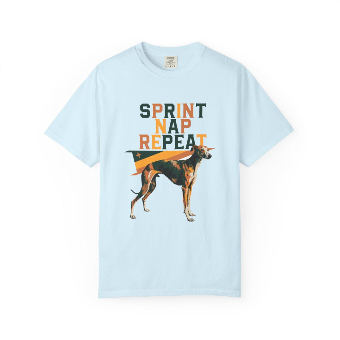 Chambray — Front | Whippet 'Sprint Nap Repeat' Garment-Dyed Tee