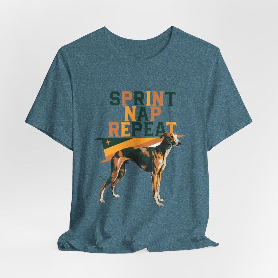 Heather Deep Teal — Hanging | Whippet 'Sprint Nap Repeat' Tee